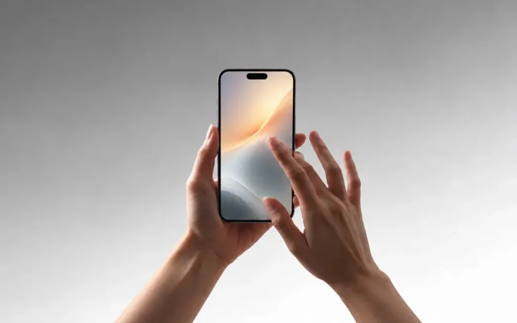 Hands holding a phone with a pale gradient on the screen