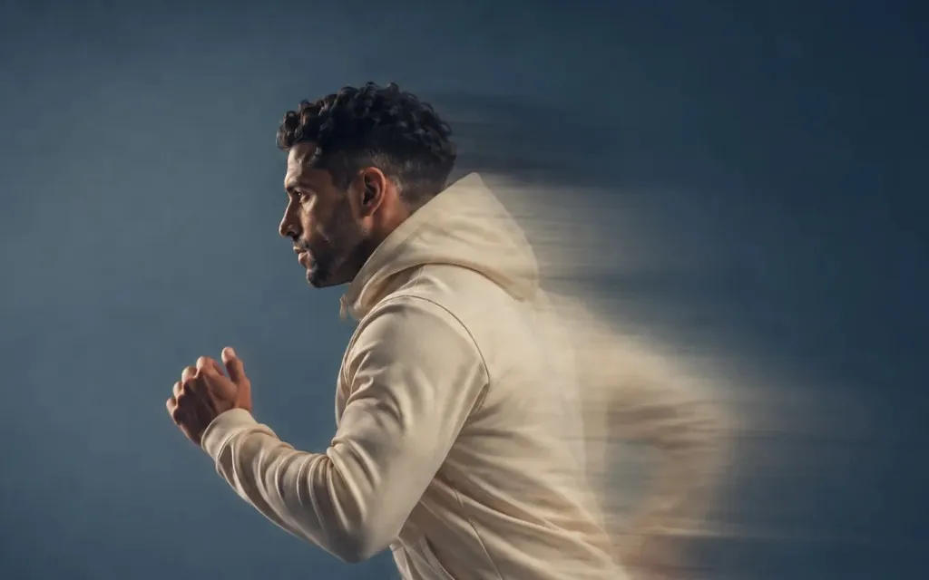 Person in a light jacket captured mid-stride